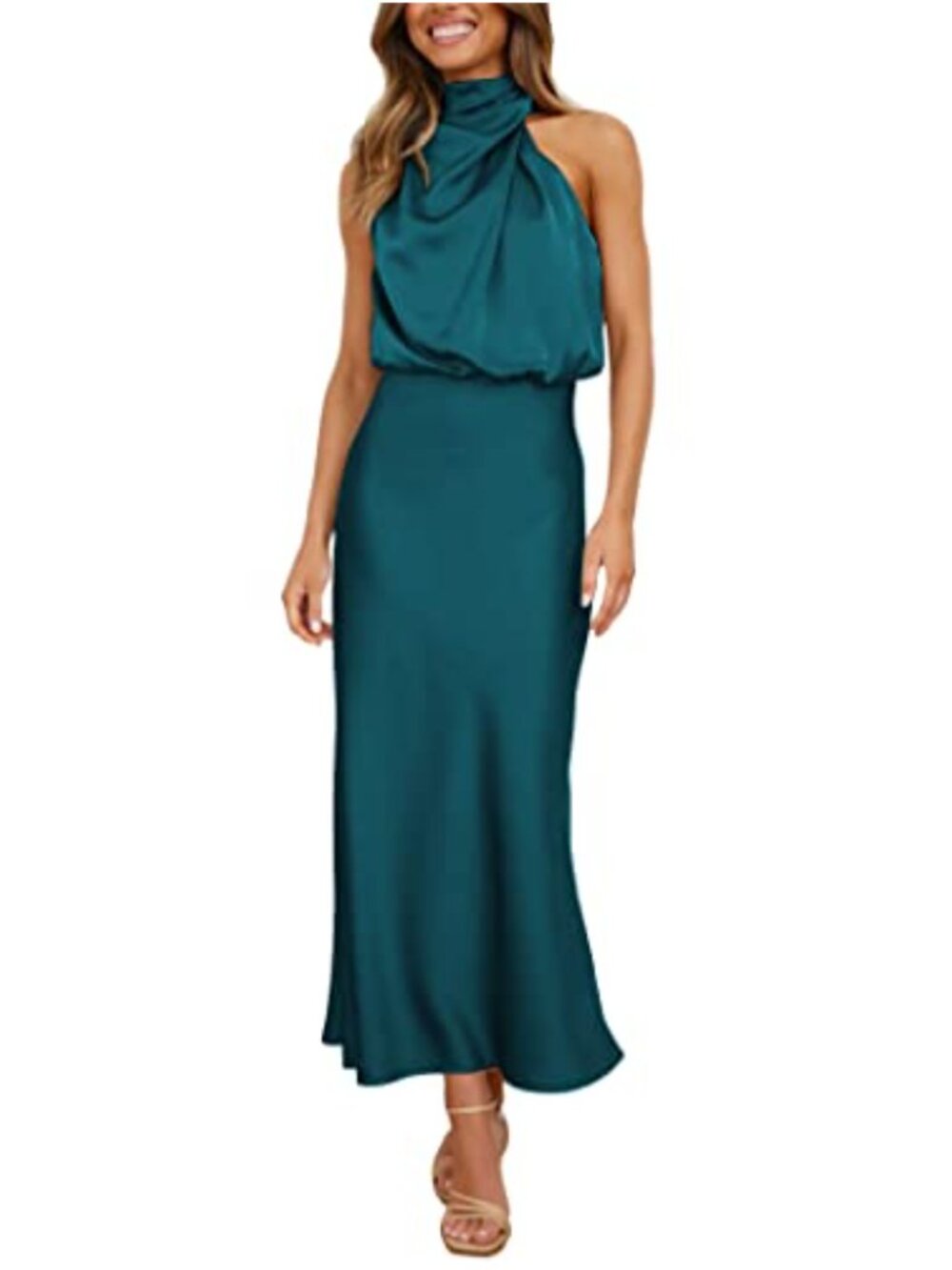 Satin Maxi Dress Sleeveless Mock Neck Backless Formal Long Evening Gown
